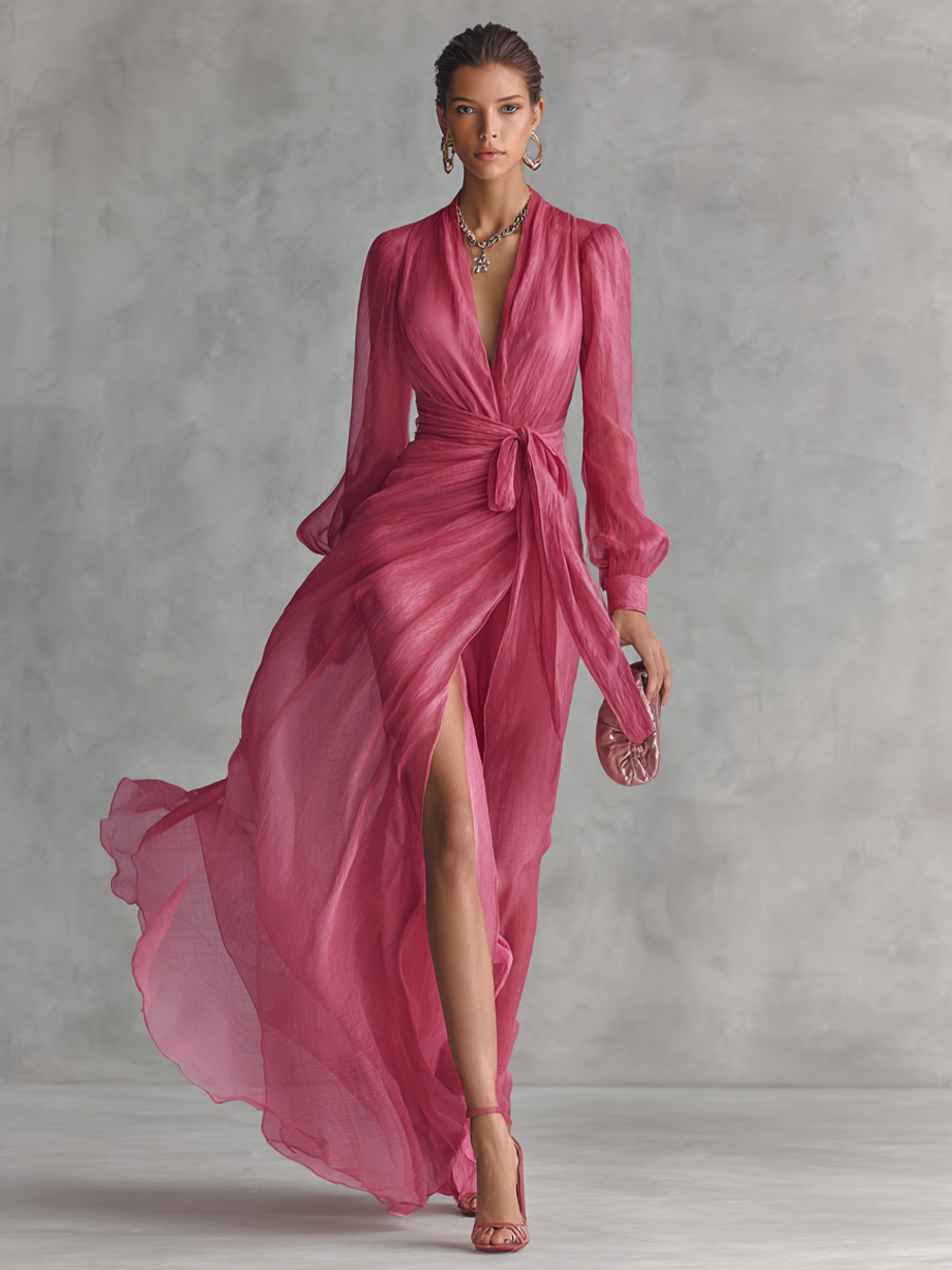 Rózsaszín V-Kivágású Chiffon Ruha