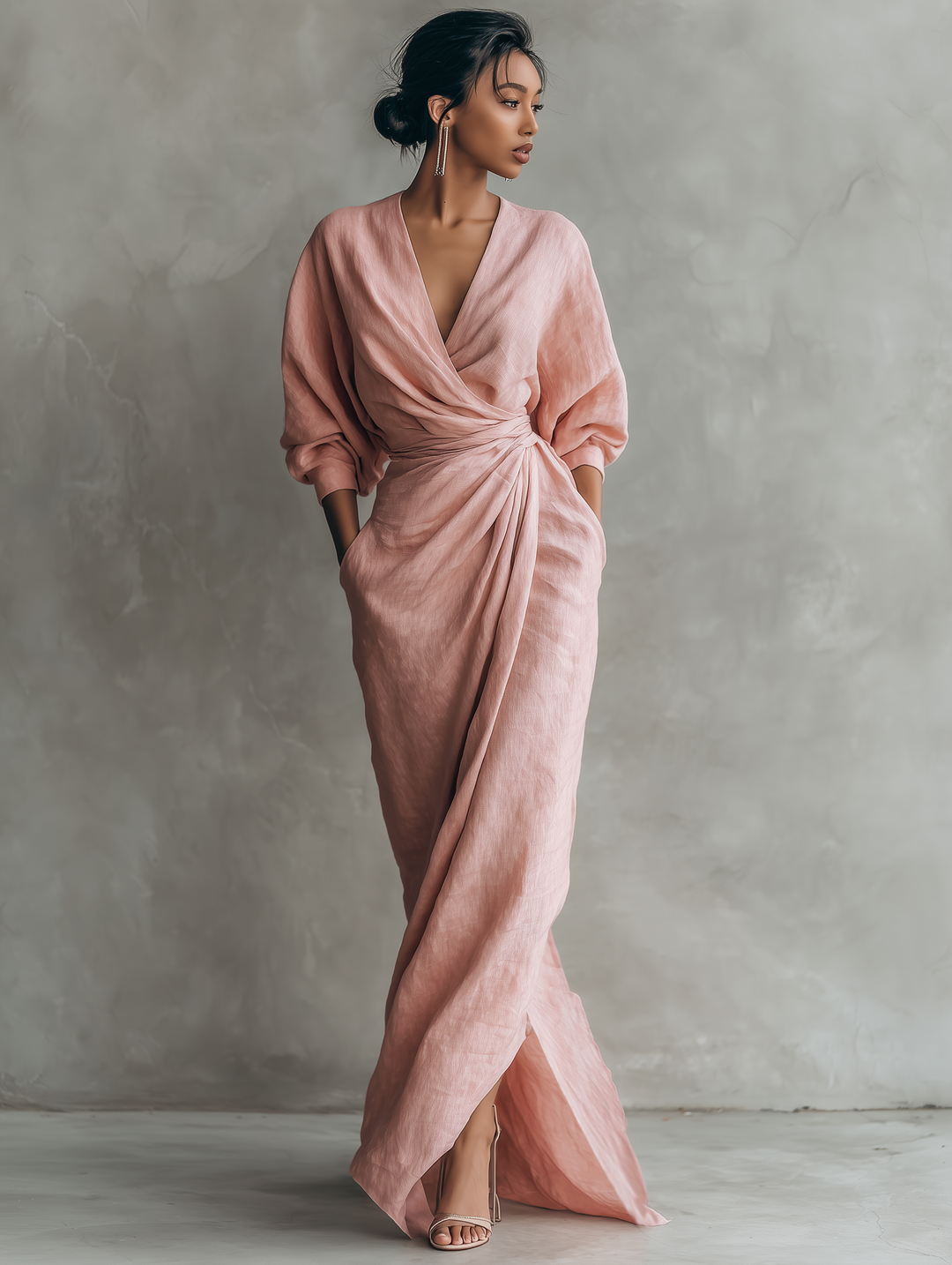 Rózsaszín V-nyakú Maxi Ruha