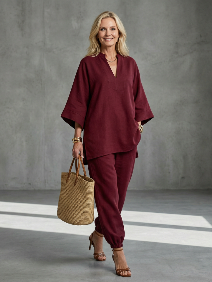 Georgiana | V-Neck Tunic and Ruffled Pants Set
