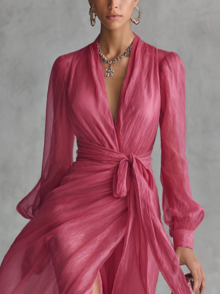 Rózsaszín V-Kivágású Chiffon Ruha