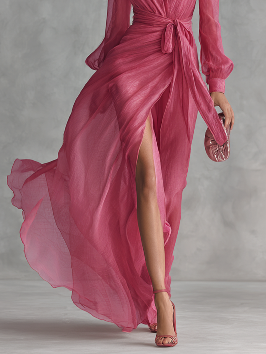 Rózsaszín V-Kivágású Chiffon Ruha