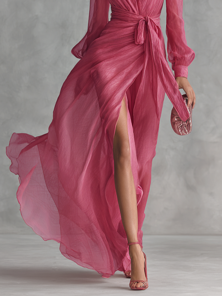 Rózsaszín V-Kivágású Chiffon Ruha
