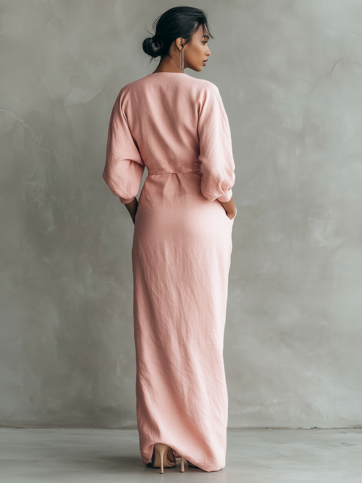 Rózsaszín V-nyakú Maxi Ruha