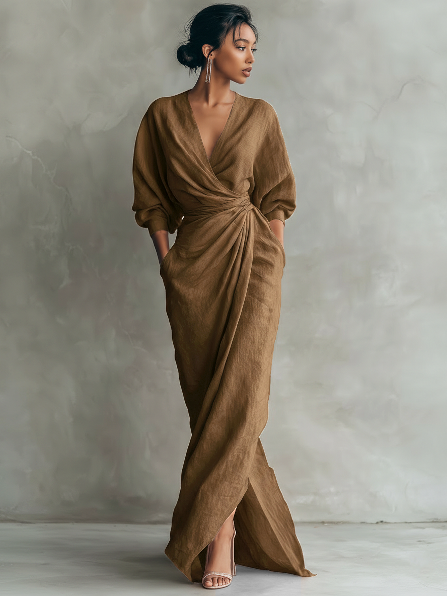 Rózsaszín V-nyakú Maxi Ruha