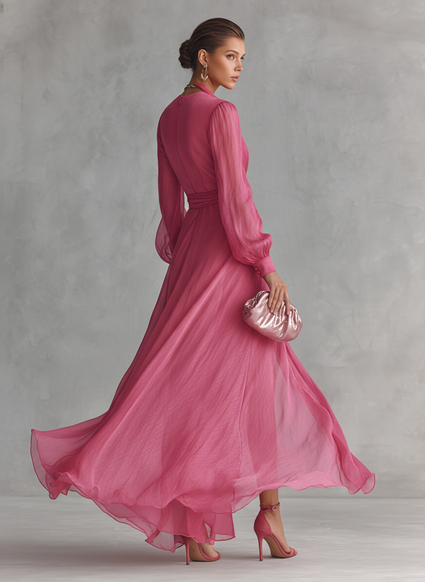 Rózsaszín V-Kivágású Chiffon Ruha