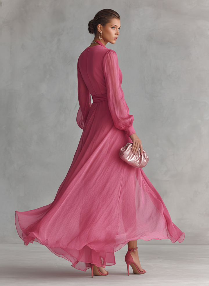 Rózsaszín V-Kivágású Chiffon Ruha